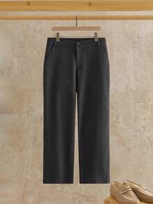 Manfinity VCAY 男士休闲梭织贴袋阔腿纯色裤，适合日常穿着黑色休闲裤，适合秋季，老款 - 黑色 - 查看 8