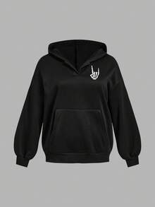 SHEIN EZwear 加大码女式万圣节骷髅指纹印花休闲长袖宽松套头卫衣，带口袋，适合秋冬季节，黑色卫衣，女式黑色卫衣，Y2K风格 - 彩色 - 查看 6