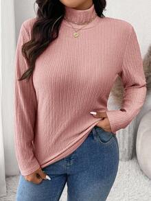 SHEIN Frenchy Áo thun tay dài cổ lọ vải họa tiết cỡ lớn dành cho nữ, đa năng và thanh lịch - Hồng - Xem 3