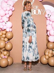 Loomaby 优雅扎染印花喇叭袖孕妇装 - 淺藍色 - 查看 2