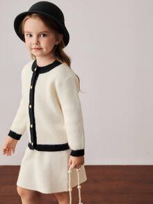 PrepCrw Young Girls' Collegiate Style Color Block Button-Front Knit Cardigan/Knit Mini Skirt Set Fall Winter - Black and White - View 5
