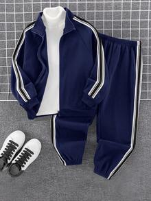 SHEIN 两件套儿童/青少年男童圣诞绿色休闲学院风条纹侧缝针织领开衫和纯色针织慢跑裤套装，冬季套装，冬季服装，秋季服装，所有儿童服装 - 藏蓝色 - 查看 4