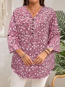 EMERY ROSE Plus Size Women's Early Spring 3/4 Sleeve Burgundy Printed Shirt