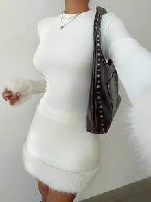SHEIN EZwear Women's Autumn/Winter New White Plush Knitted Faux Fur Patchwork Fitted Long Sleeve Top & Skirt Elegant 2 Pieces Set - White - View 3
