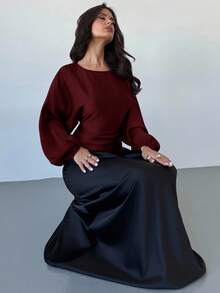 Firerie 女士新款优雅浪漫休闲都市通勤百搭圆领蝙蝠袖长袖衬衫，适合教师穿着，秋季红色上衣 - 酒紅色 - 查看 6