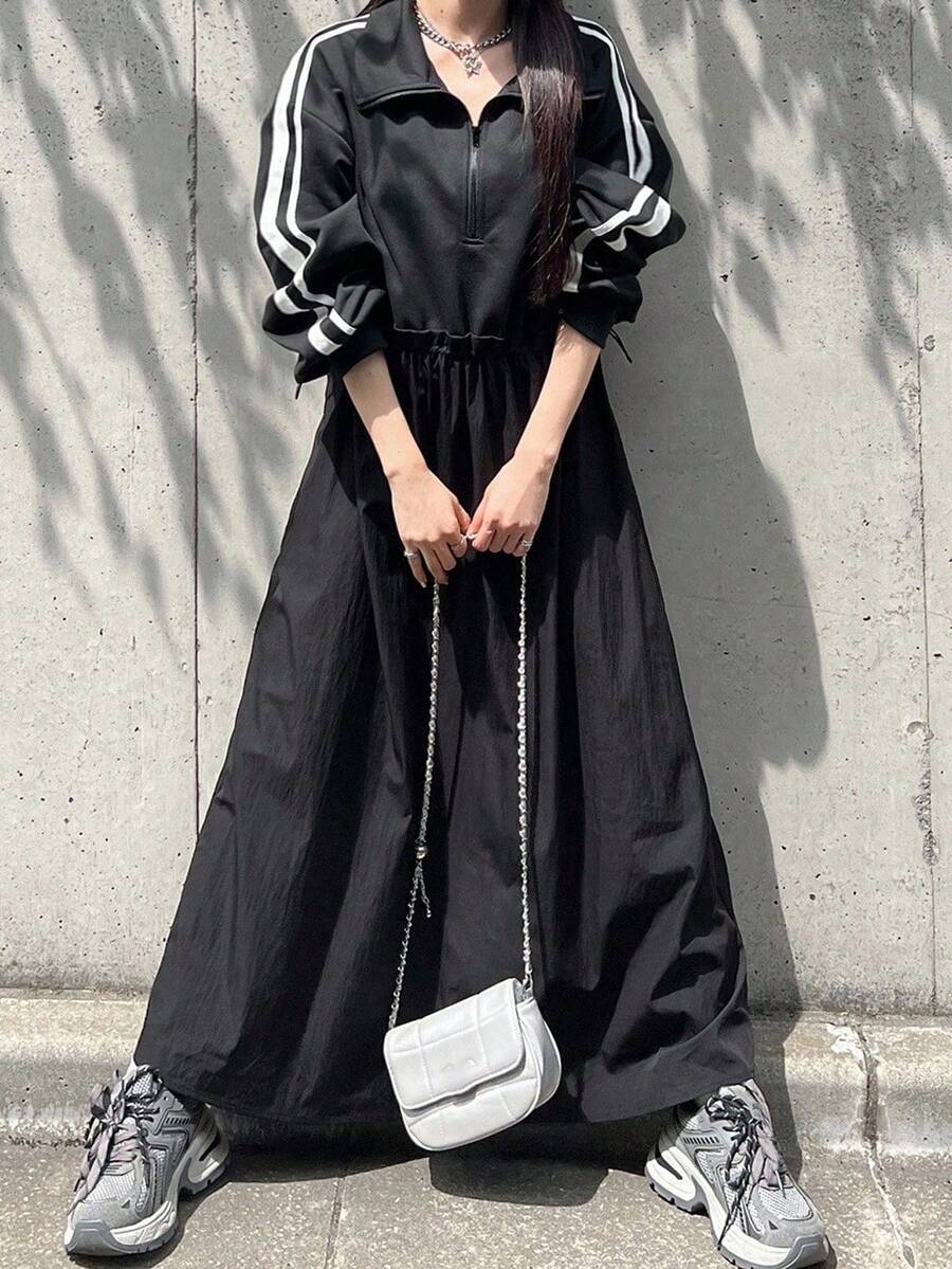 FRIFUL 女式马球领休闲侧条纹宽松长款运动连衣裙 - 黑色 - 查看 1