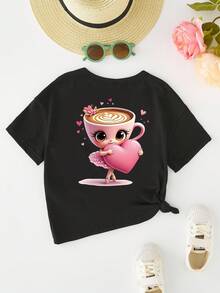 SHEIN Kleine Mädchen Lässig Modisch Kreativ Cartoon Tasse Ballett Kleine Mädchen Herz Grafik Muster Basic Kurzarm T-Shirt, Kleine Mädchen Schwarz Langarm Kawaii Süß Langarm T-Shirt - Schwarz - Übersicht 4