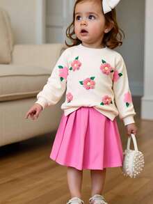 Conjunto informal y lindo de sudadera para niñas bebé, con parte superior de estampado floral de ganchillo 3D y falda plisada, conjunto de otoño para niñas pequeñas