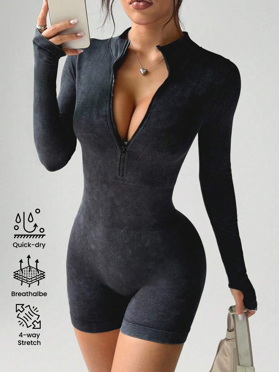 Dewbera 女士休闲拉链半拉链运动瑜伽连体裤，秋季 - 黑色 - 查看 1