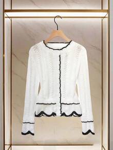 SHEIN Franclia Women's Regular Raglan Sleeve Contrast Trim Decor Round Neck Hollow Button Front White White Cardigan Casual Spring - Black and White - View 3