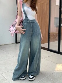 青少年女孩 Y2K 休闲轻盈水洗优雅休闲单肩阔腿牛仔背带裤连体裤，万圣节服装，秋冬服装秋季服装，女孩秋冬返校返校牛仔裤，女孩裤子街头服饰复古服装，舒适百搭，适合 13-16 岁女孩，适合上学、居家和旅行 - 中等水洗藍 - 查看 4