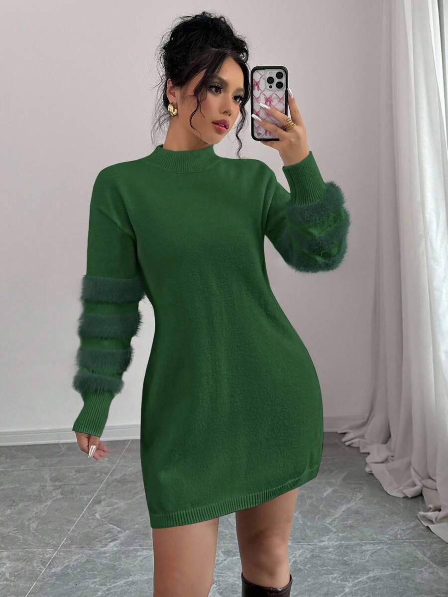 Elenzga Solid Color Casual Long Sleeve Women Sweater Dress - Dark Green - View 1