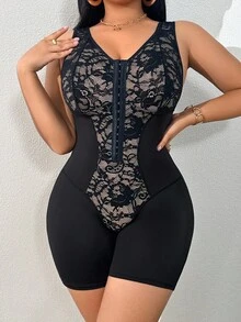SHEIN 1pc Lace Patchwork Button Closure Mid-Thigh Shapewear Bodysuit - Black - View 1