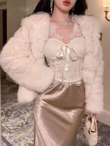 DAZY 女士优雅长袖连帽保暖仿皮草大衣，秋冬夹克 - 杏色 - 查看 6