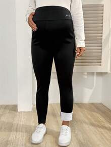 SHEIN Maternity Casual Solid Color Adjustable Waist Thermal Lined Warm Leggings, Winter - Black - View 5
