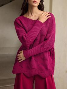 ZEYLAH 女式纯色长袖宽松蝙蝠袖V领套头衫，秋冬 - 藍色 - 查看 2