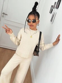 SHEIN Tween Girls Apricot Knit Set, Loose Knit Sweater + Pants 2 Pieces Casual Fashionable Versatile Outfit In Fall/Winter - Apricot - View 5