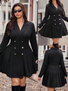 Vionelle Plus Size Women Elegant Solid Color Pleated Metal Button Jacket Winter Autumn Fall