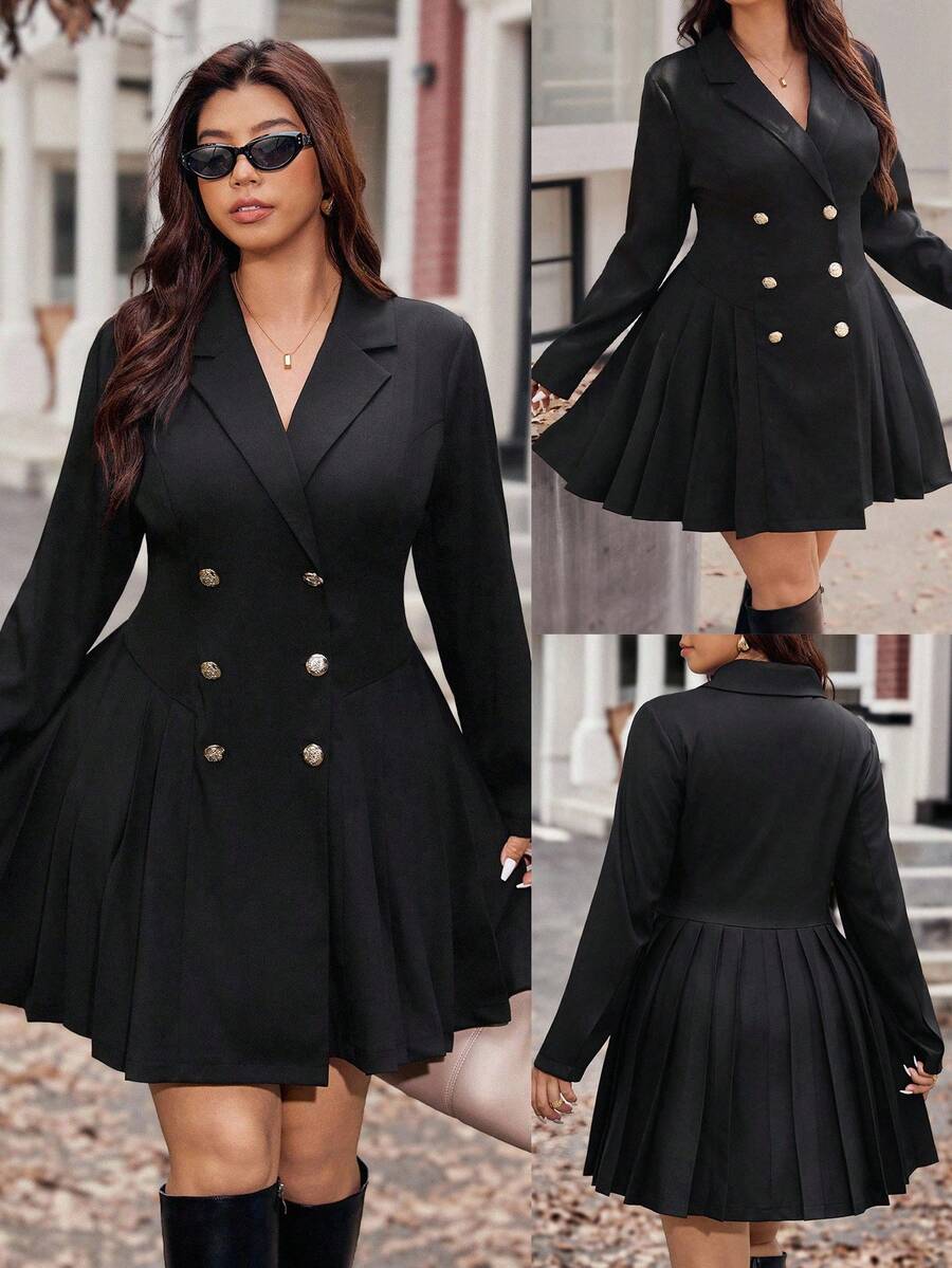 Vionelle Plus Size Women Elegant Solid Color Pleated Metal Button Jacket Winter Autumn Fall
