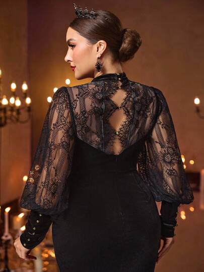 Glamrae 大码秋冬优雅华丽黑色透视长袖奢华撞色蕾丝天鹅绒开衩鱼尾裙，适合婚礼、单身派对、节日舞会、晚宴等场合（厚重风格）、哥特风、情人节