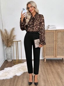SHEIN LUNE Women's Leopard Print Long Sleeve Shirt And Black Pants 2 Pieces Set,Elegant Chic Autumn Winter Office Outfits For Women - Multicolor - View 7