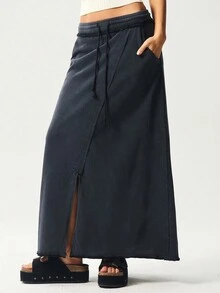 Bohemela 女士休闲纯色针织修身半身裙 - 黑色 - 查看 3