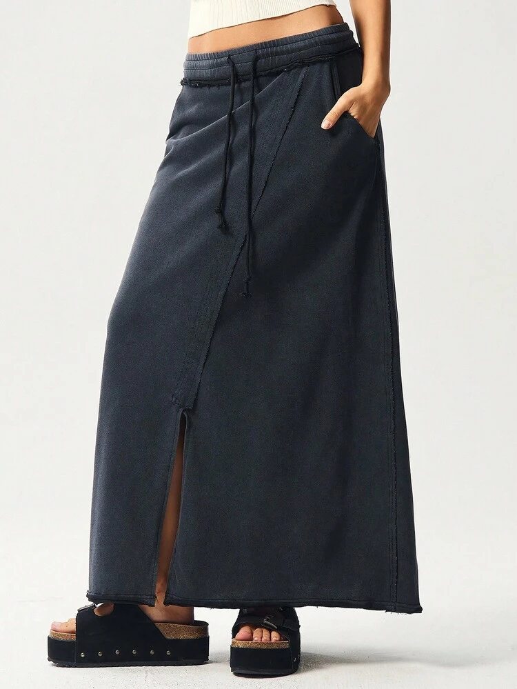 Bohemela Saia Justa de Malha de Cor Sólida Casual para Mulheres - Preto - Visão 3