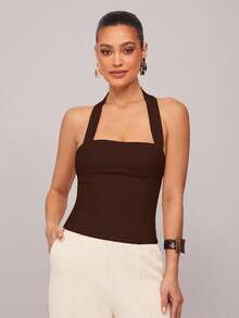 Silquee 性感纯色露背挂脖上衣，夏季 - 咖啡棕 - 查看 6