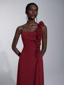 Elitara Adult Bridesmaid Dress With Asymmetric Neckline, 3D Ruffle Trim, Ruched A-Line Silhouette, Bandeau Top - Burgundy - View 3