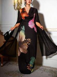 Roveilla Plus Size Floral Plunging Neck Bodycon Elegant Dress, Suitable For Party, Autumn/Winter - Black - View 7