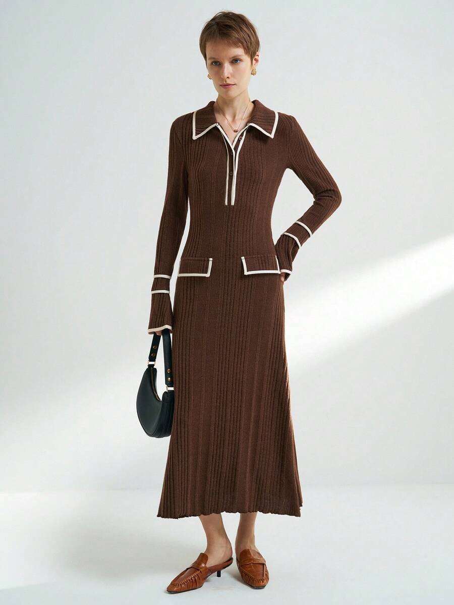 Airaco Deep Brown Commuter Open-Ended Pocket Decorated Knit Midi Dress, Autumn/Winter - Brown - View 1