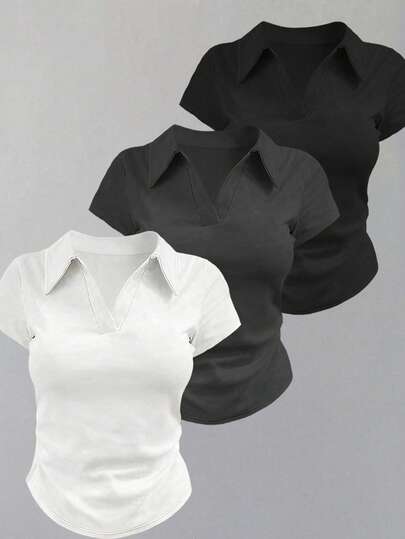 INAWLY Women's Casual Solid Color Polo Collar Short Sleeve T-Shirt, Summer