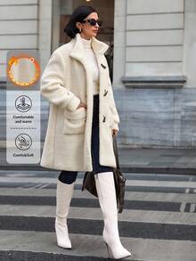 EURMUSE 女士纯色纽扣和口袋细节冬季大衣 - 米色 - 查看 1