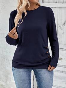 EMERY ROSE Plus Size Casual Round Neck Long Sleeve Button Hem T-Shirt Fall - Navy Blue - View 4