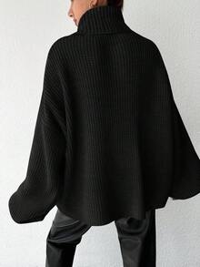 EURMUSE Turtleneck Drop Shoulder Ribbed Knit Sweater - Black - View 2