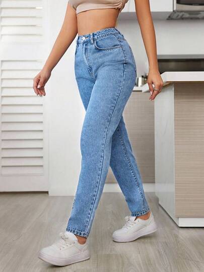 SHEIN Tall Pantalones Vaqueros Ajustados De Tiro Alto Y Color Sólido Con Estilo De Mamá