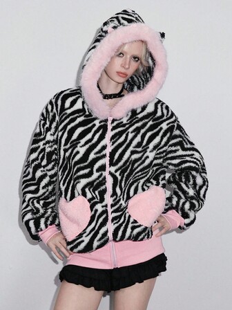 Kawaii Cute Cat Ear Zebra Print Faux Fur Jacket For Women