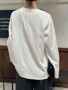 DAZY Women's Solid Color Round Neck Long Sleeve Simple Casual Shirt Fall - White - View 5