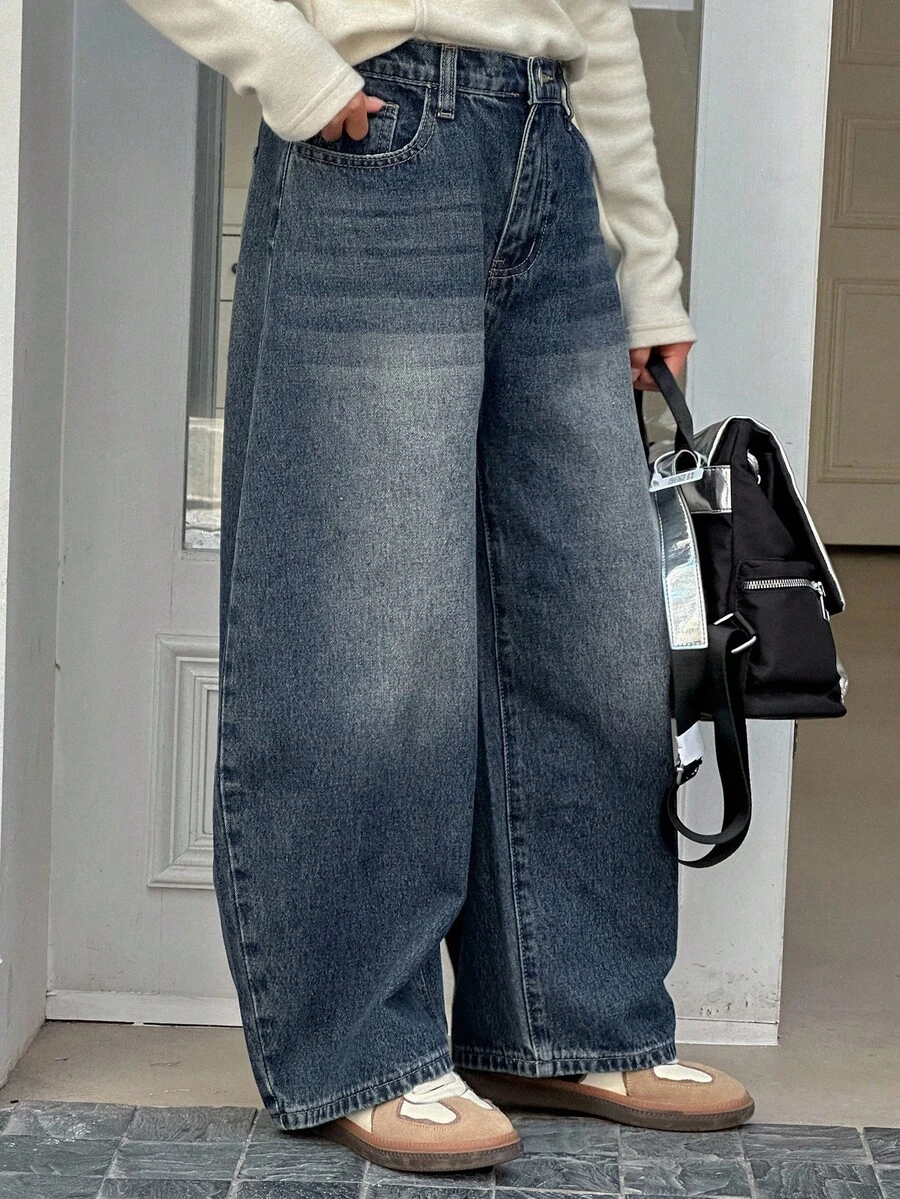 Dazy Kids Tween 女童休闲破洞喇叭牛仔裤 - 深色水洗藍 - 查看 1