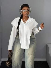 Maweii 大码女式纯色长袖单排扣侧开衩休闲衬衫 - 白色 - 查看 2