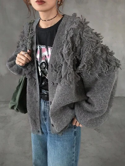 FRIFUL 女士V领提花流苏宽松休闲开衫