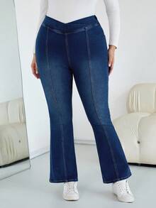 SHEIN CURVE+ 女士加大码深蓝色秋冬高弹力抓绒喇叭牛仔裤，万圣节服装，乡村风格女装，时尚秋季 - 深色水洗藍 - 查看 8