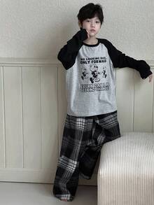 Dazy Kids Tween Boy Contrast Color Patchwork Cartoon Slogan Print Long Sleeve Top & Plaid Pants Pajama Set - Grey - View 3