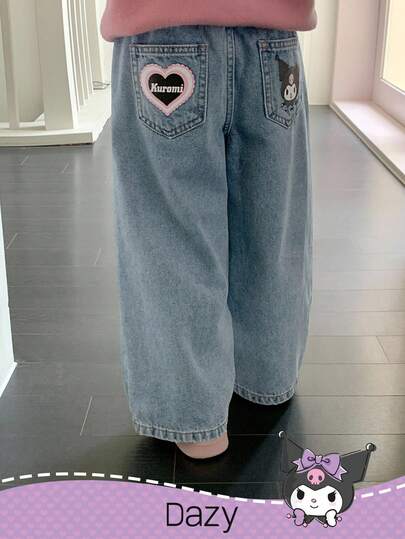 DAZY HELLO KITTY AND FRIENDS | SHEIN 少女字母卡通图案贴袋休闲牛仔裤