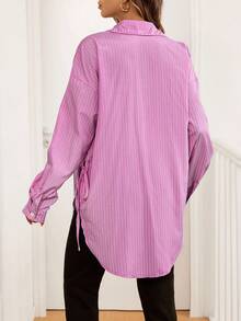 SHEIN Maternity Casual Commuter Striped Side Slit Tie-Up Shirt Button Up Women Shirt Women Shirts And Blouses Long Sleeve Blouses Tie Up Shirt Office Blouses - Pink - View 2