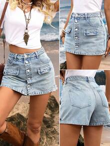 SHEIN Tall 纯色高腰纽扣牛仔短裤 - 淺色水洗藍 - 查看 1