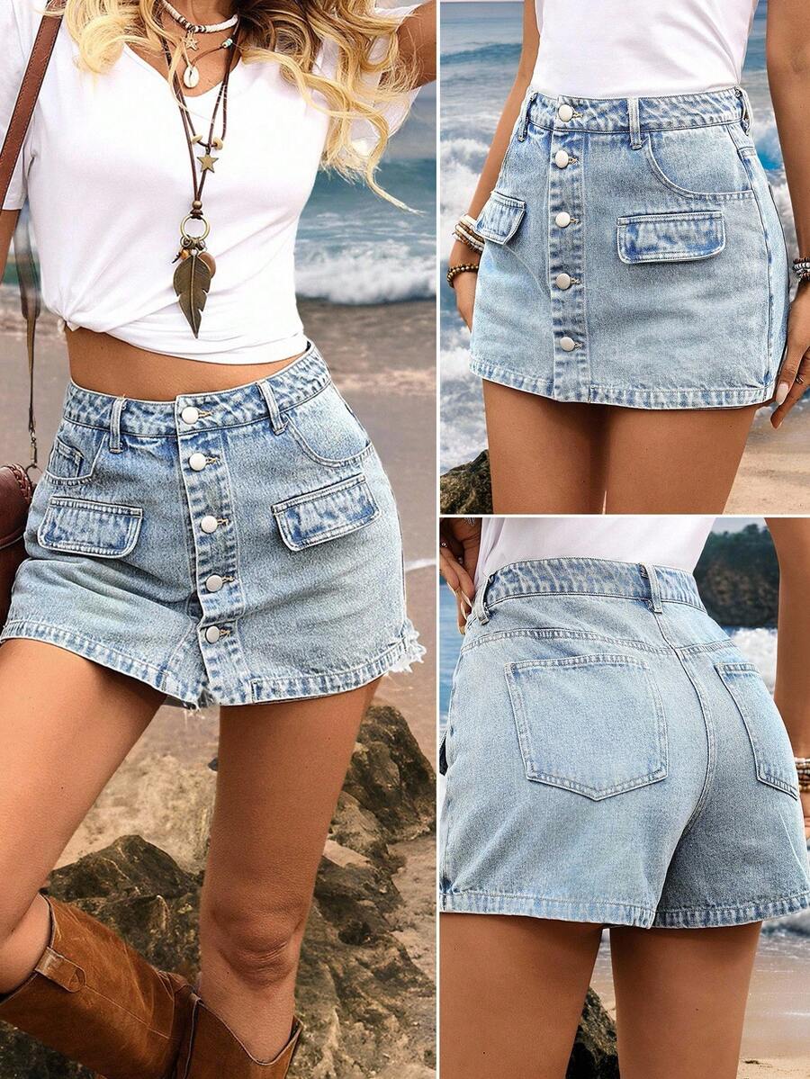 SHEIN Tall 纯色高腰纽扣牛仔短裤 - 淺色水洗藍 - 查看 1