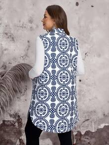 EMERY ROSE Plus Size Women Plant Pattern Zip Front Casual Pocket Sleeveless Winter Jacket Fall Autumn - Blue - View 2