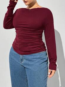 SHEIN Essnce 大码女装秋季女装新款时尚休闲通勤商务女装优雅纯色针织黑色T恤长袖上衣，露肩T恤曲线上衣长袖女上衣 - 酒紅色 - 查看 4