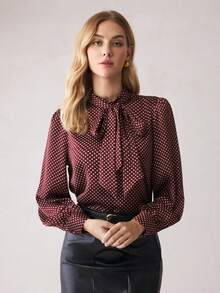 BizChic 女士棕色波尔卡圆点缎面系带长袖衬衫，都市通勤办公室商务休闲优雅正式衬衫 - 咖啡棕 - 查看 7